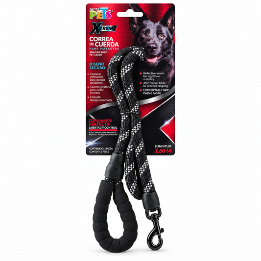 Correa de cuerda Fancy Pets Xtreme negra con reflejante — 1.60 metros